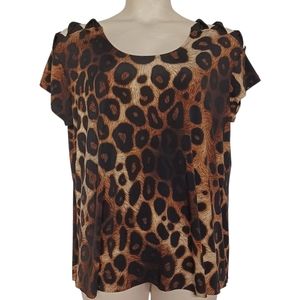 SUSAN LAWRENCE Twist Ladder Cut Short Sleeve Brown Animal Print Stretchy Top 1X